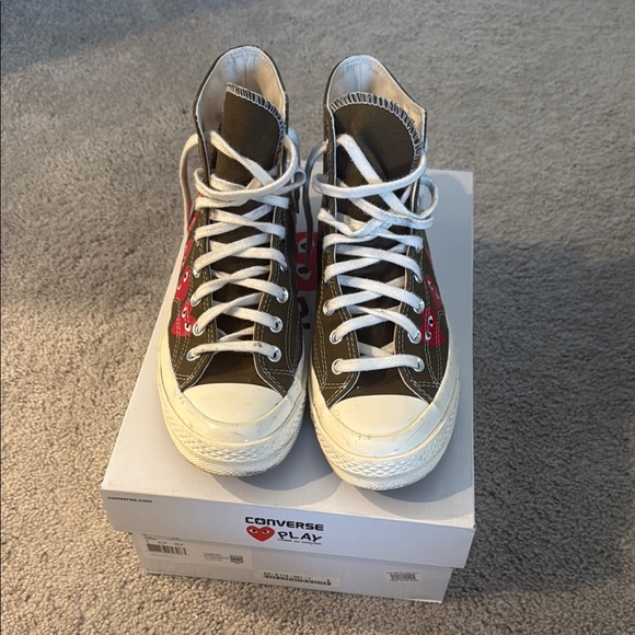 Comme des Garcons Converse Olive High-Tops with Red Heart Accents